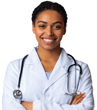 Black Female Clinician with a lab coat and stethoscope